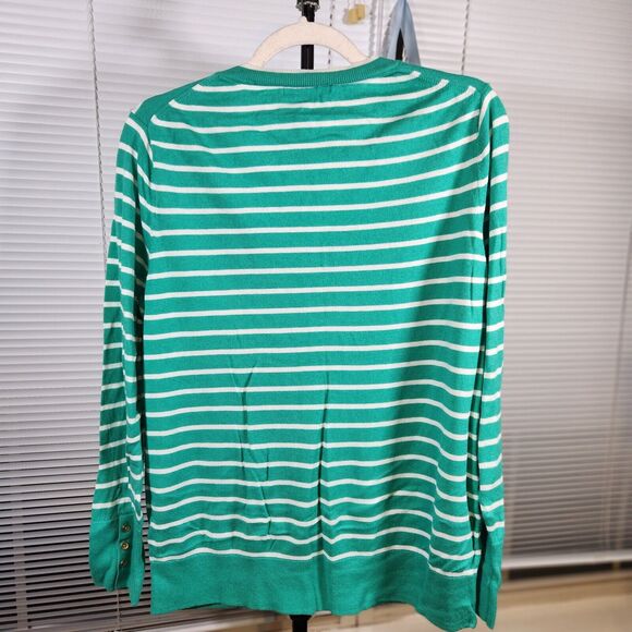 Banana Republic XL $120 V-Neck Cotton Cashmere Wool Green White Striped Sweater - Picture 4 of 8